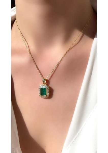 Altın Kaplama Dikdörtgen Model Zümüt Renk Taşlı Kolye 925 Ayar Gümüş fiyatları