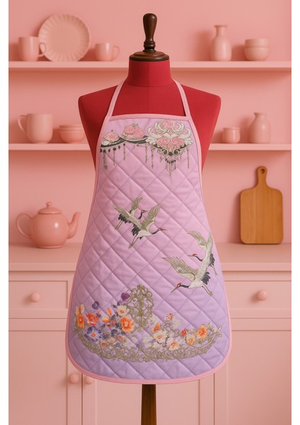 Kapitoneli Sıvı Geçirmez Leke Tutmaz Mutfak Önlüğü Dijital Baskılı Önlük Pembe Rüya
