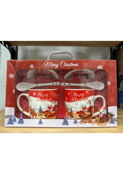 Seramik Yılbaşı 2'li Kupa Seti, Büyük Boy Kupa, Özel Kaşıklı ve Altlıklı, Yılbaşı Hediyelik, Bardak