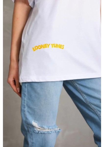 Unisex Baskılı Oversize T-Shirt - Beyaz modelleri