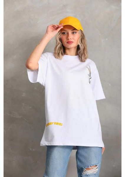 Unisex Baskılı Oversize T-Shirt - Beyaz indirimleri