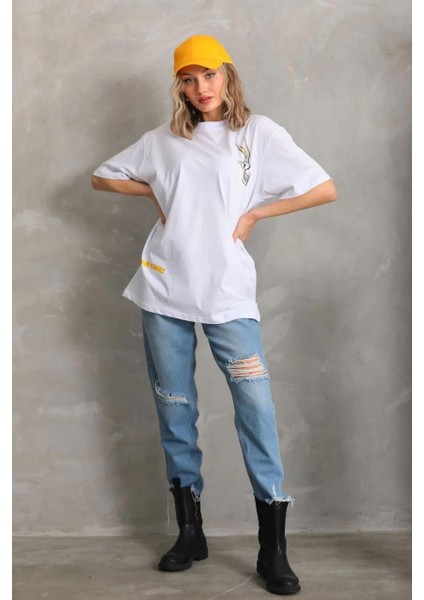 Unisex Baskılı Oversize T-Shirt - Beyaz