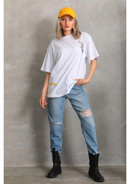 Unisex Baskılı Oversize T-Shirt - Beyaz