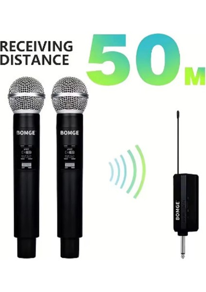 Profesyonel Çiftli Kablosuz Mikrofon Seti Karaoke Şarj Edilebilir 50 Metre Mesafe - Lisinya