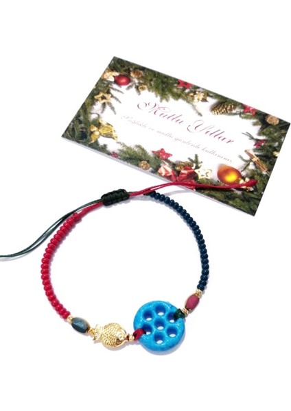 Balık ve Çek Cam Boncuklu Süryani Nazar Boncuklu Asimetrik Yılbaşı Bileklik modelleri