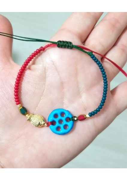 Balık ve Çek Cam Boncuklu Süryani Nazar Boncuklu Asimetrik Yılbaşı Bileklik
