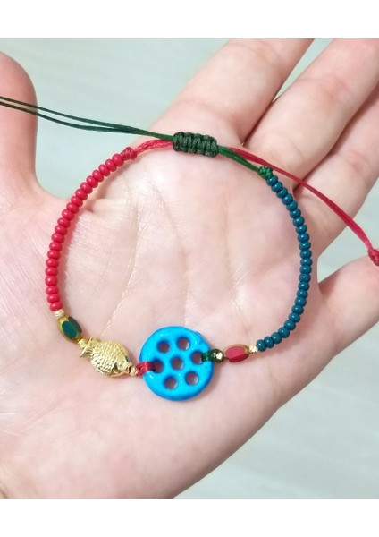 Balık ve Çek Cam Boncuklu Süryani Nazar Boncuklu Asimetrik Yılbaşı Bileklik