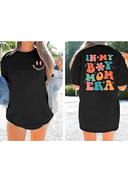 Kadın Bisiklet Yaka Kısa Kol Baskılı T-Shirt - Siyah