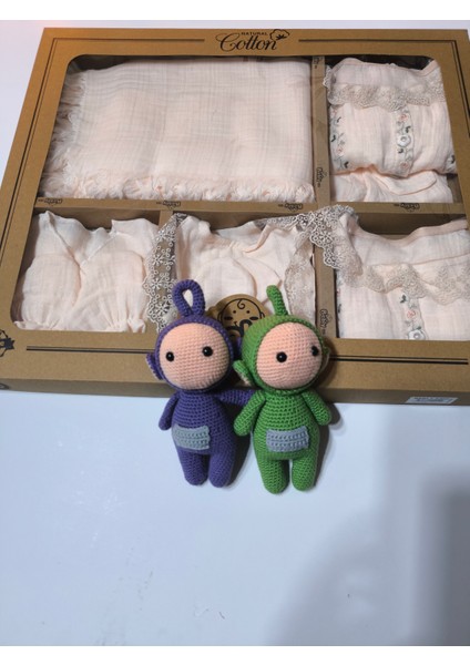 Kız-Erkek Yeni Doğan Hastane Çıkışı % 100 Organik Pamuk Kutulu 10'lu Full Takım Müslin Somon