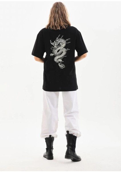 Unisex Baskılı Oversize T-Shirt - Siyah modelleri