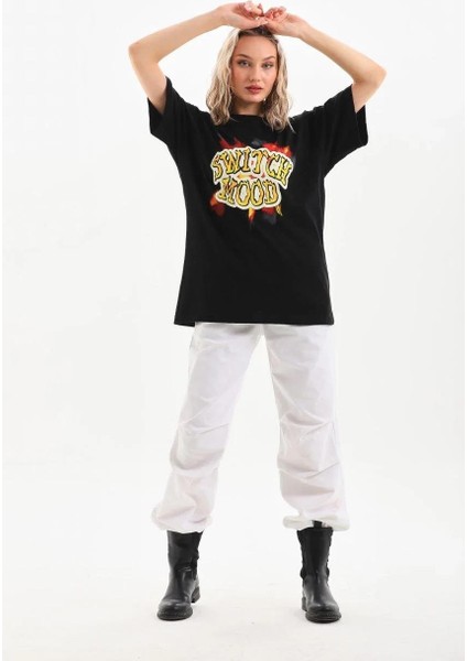 Unisex Baskılı Oversize T-Shirt - Siyah fırsatları