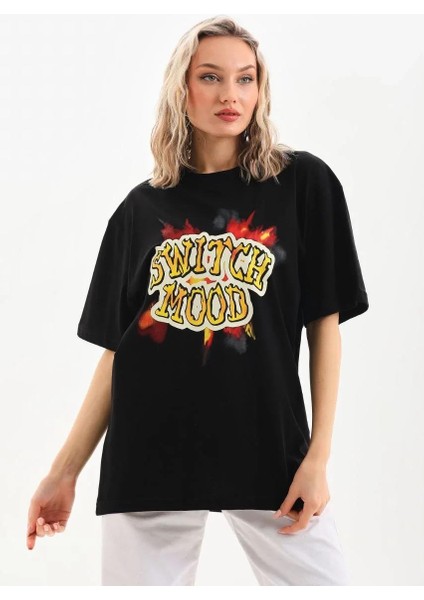 Unisex Baskılı Oversize T-Shirt - Siyah indirimleri