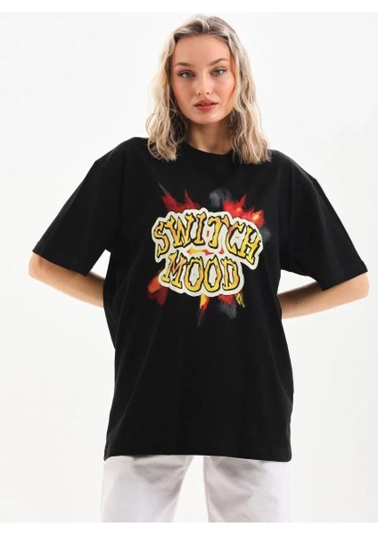 Unisex Baskılı Oversize T-Shirt - Siyah