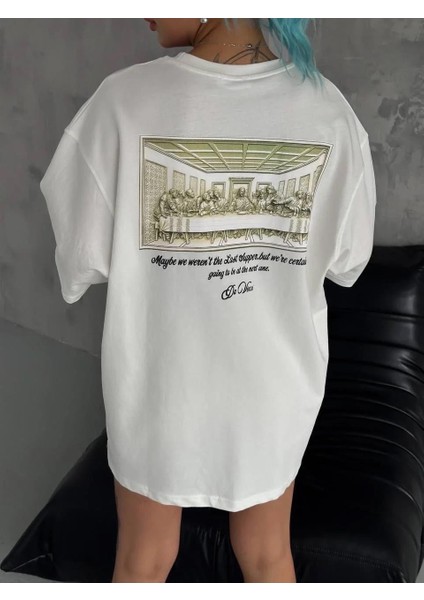 Unisex Baskılı Oversize T-Shirt - Beyaz
