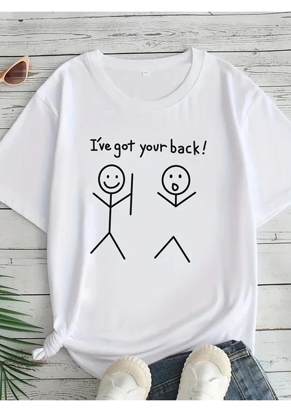 Kadın Beyaz "ı've Got Your Back" Grafik Tişört - Eğlenceli Çubuk Tasarımlı Oversize Günlük Kısa Kollu Tişört, Polyester Örgü, Yuvarlak Yaka, Ilkbahar ve Yaz Için Mükemmel, Günlük Giyim Tişör