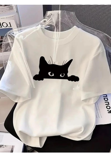 Kadınlar Için Şık Siyah Kedi Grafik Tişört - Oversize Kısa Kollu Üst, Nefes Alabilir Polyester Karışımı, Makinede Yıkanabilir - Mükemmel Yaz Modası - Beyaz