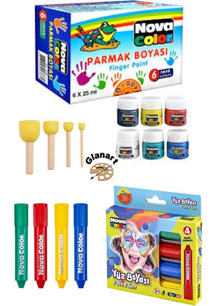 Çocuklar Için Ponpon Fırçalı Parmak Boya Seti ve 4 Lü Yüz Boyası (1 Takım)