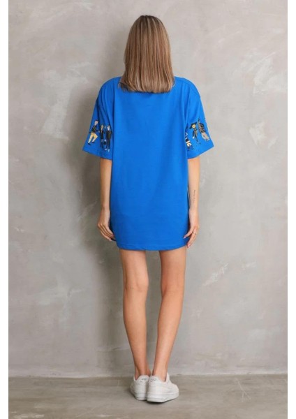 Unisex Bisiklet Yaka Baskılı Oversize T-Shirt - Mavi