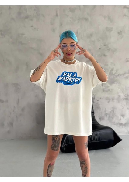 Unisex Bisiklet Yaka Baskılı Oversize T-Shirt - Beyaz fiyatları