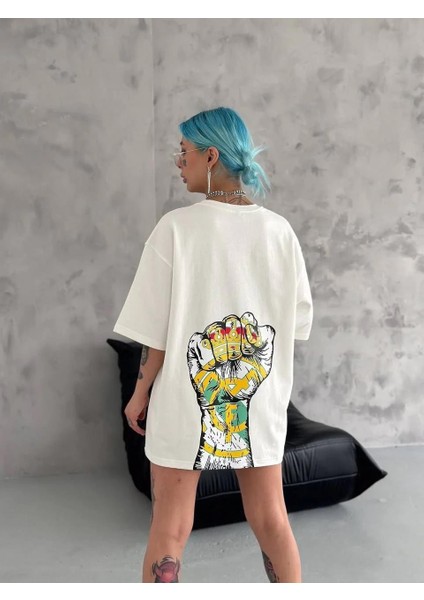 Unisex Bisiklet Yaka Baskılı Oversize T-Shirt - Beyaz modelleri