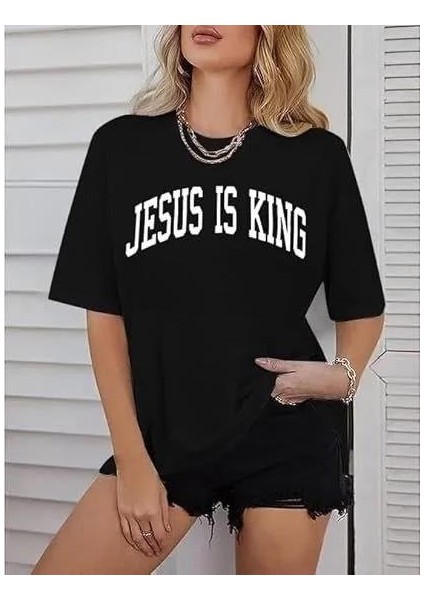 Kadın Bisiklet Yaka Kısa Kol Baskılı T-Shirt - Siyah