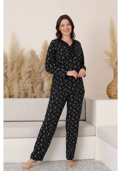Siyah Çiçekli Dantel Detaylı V Yaka Düğmeli Mevsimlik Pamuk Likralı Uzun Kol Pijama Takımı-Geniş Kalıp modelleri
