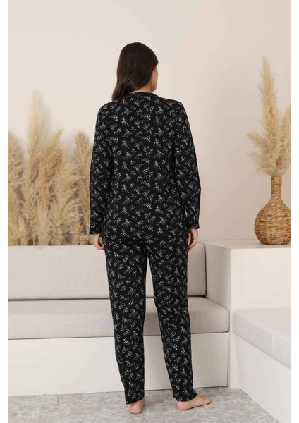 Siyah Çiçekli Dantel Detaylı V Yaka Düğmeli Mevsimlik Pamuk Likralı Uzun Kol Pijama Takımı-Geniş Kalıp fırsatları