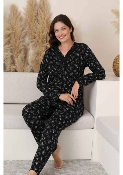Siyah Çiçekli Dantel Detaylı V Yaka Düğmeli Mevsimlik Pamuk Likralı Uzun Kol Pijama Takımı-Geniş Kalıp indirimleri