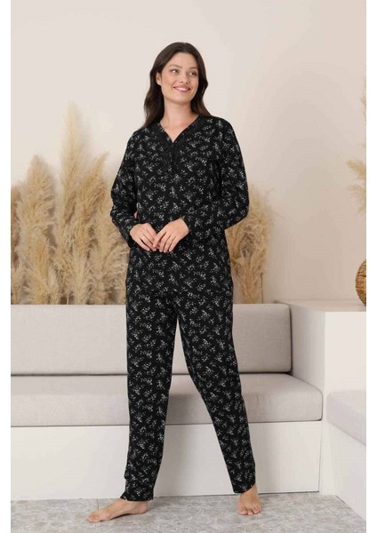 Siyah Çiçekli Dantel Detaylı V Yaka Düğmeli Mevsimlik Pamuk Likralı Uzun Kol Pijama Takımı-Geniş Kalıp