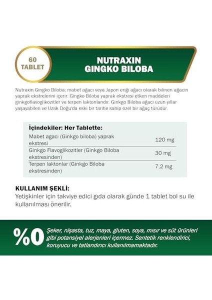 Nutraxin Herbal Ginkgo Biloba+ 120 Mg 60 Tablet Takviye Edici Gıda fiyatları