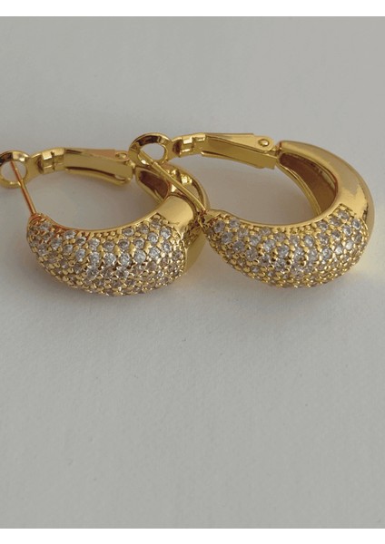 Yarısı Taşlı Yarısı Parlak Gold Halka Küpe