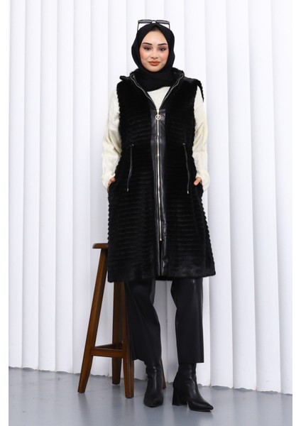 Siyah Deri Garnili Angora Yumoş Yelek