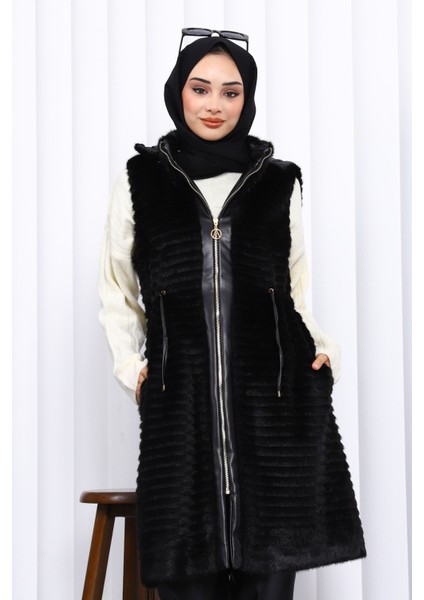 Siyah Deri Garnili Angora Yumoş Yelek fiyatları