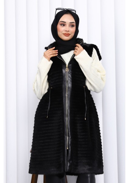 Siyah Deri Garnili Angora Yumoş Yelek modelleri