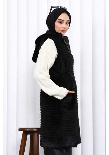 Siyah Deri Garnili Angora Yumoş Yelek fırsatları