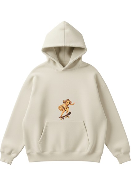 Kaykaycı Kız Baskılı Unisex Boxy Fit Hoodie Sweatshirt