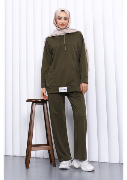 Koyu Haki Önü Etiketli İki İplik Tesettür Takım