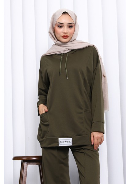 Koyu Haki Önü Etiketli İki İplik Tesettür Takım modelleri