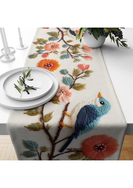 Dijital Baskılı Runner - Nakış Görünümlü Çiçek / Kuş Desenli - 140X40 cm