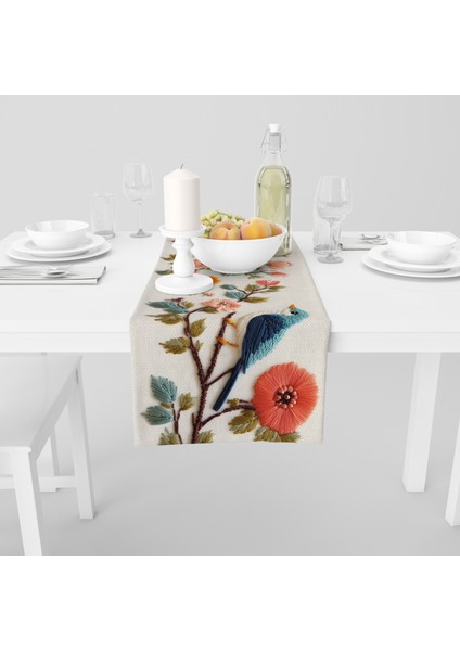 Dijital Baskılı Runner - Nakış Görünümlü Çiçek / Kuş Desenli - 140X40 cm fiyatları