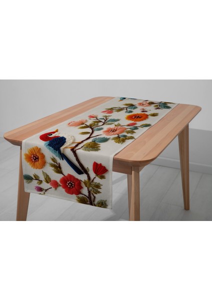Dijital Baskılı Runner - Nakış Görünümlü Çiçek / Kuş Desenli - 140X40 cm modelleri