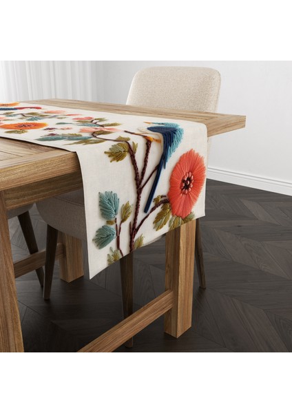 Dijital Baskılı Runner - Nakış Görünümlü Çiçek / Kuş Desenli - 140X40 cm fırsatları