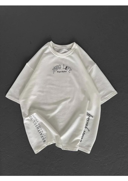 Unisex Baskılı Oversize T-Shirt - Beyaz fırsatları