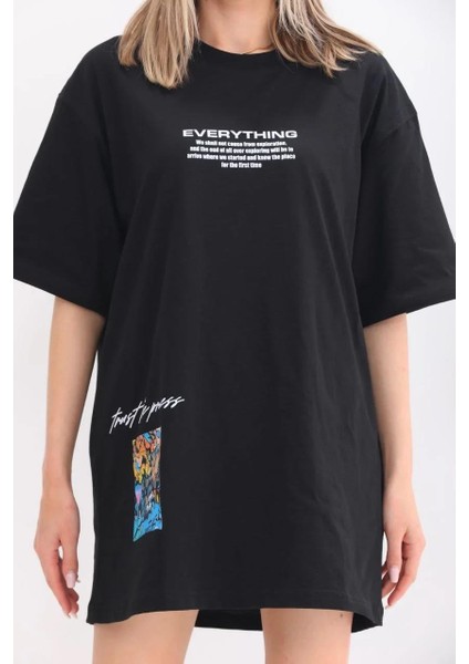 Unisex Bisiklet Yaka Baskılı Oversize T-Shirt - Siyah fiyatları