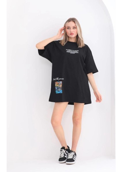 Unisex Bisiklet Yaka Baskılı Oversize T-Shirt - Siyah indirimleri