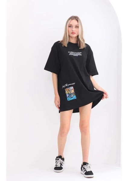 Unisex Bisiklet Yaka Baskılı Oversize T-Shirt - Siyah