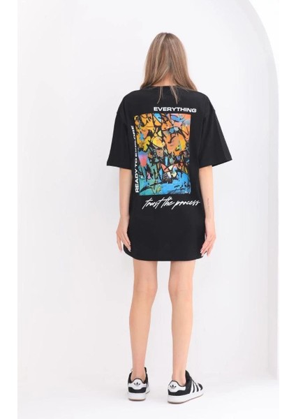 Unisex Bisiklet Yaka Baskılı Oversize T-Shirt - Siyah