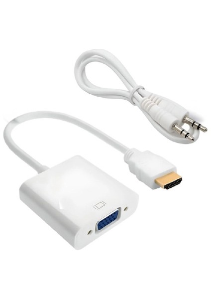Hdmı To VGA Dönüştürücü Çevirici Sesli Kablo Tablet Projeksiyon Notebook Uyumlu Beyaz