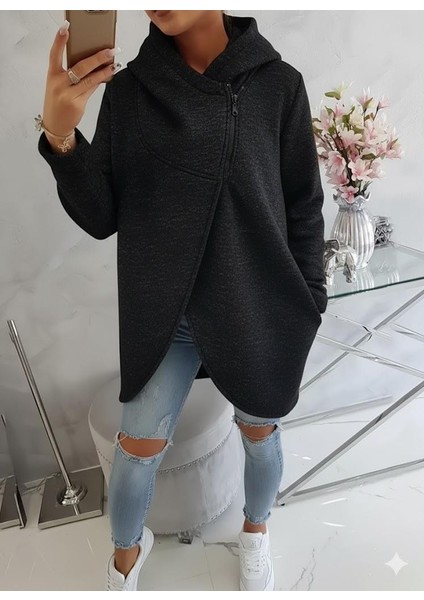 Kırçıllı Siyah Kadın 3 Iplik Şardonlu Kapüşonlu Ceket – Asimetrik Fermuarlı Oversize