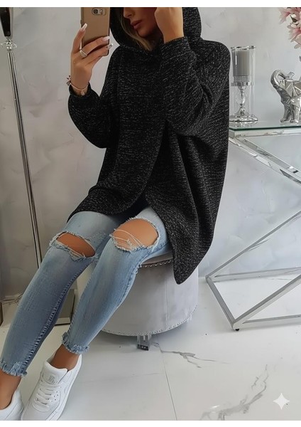 Kırçıllı Siyah Kadın 3 Iplik Şardonlu Kapüşonlu Ceket – Asimetrik Fermuarlı Oversize fiyatları